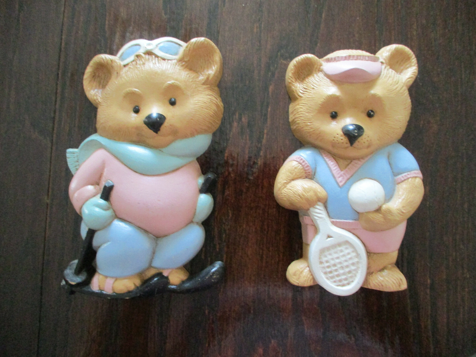 Home Interior Teddy Bear Plaques 2 Wall Accents Ski Tennis Pink/Blue Sport Decor