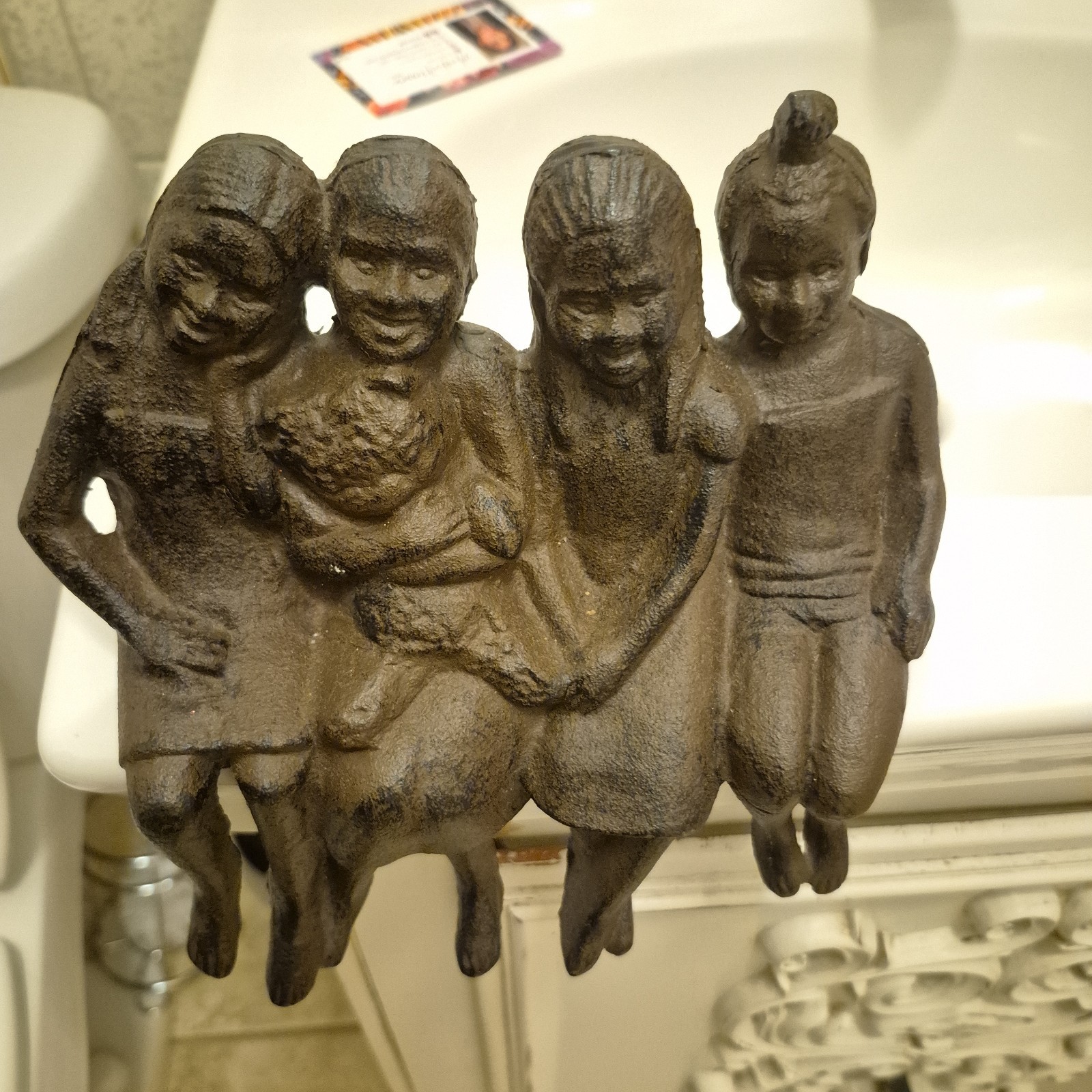 Rare Cast Iron Sculpture 4 GIRLS 7 in Window Sill Shelf Sitter Metal