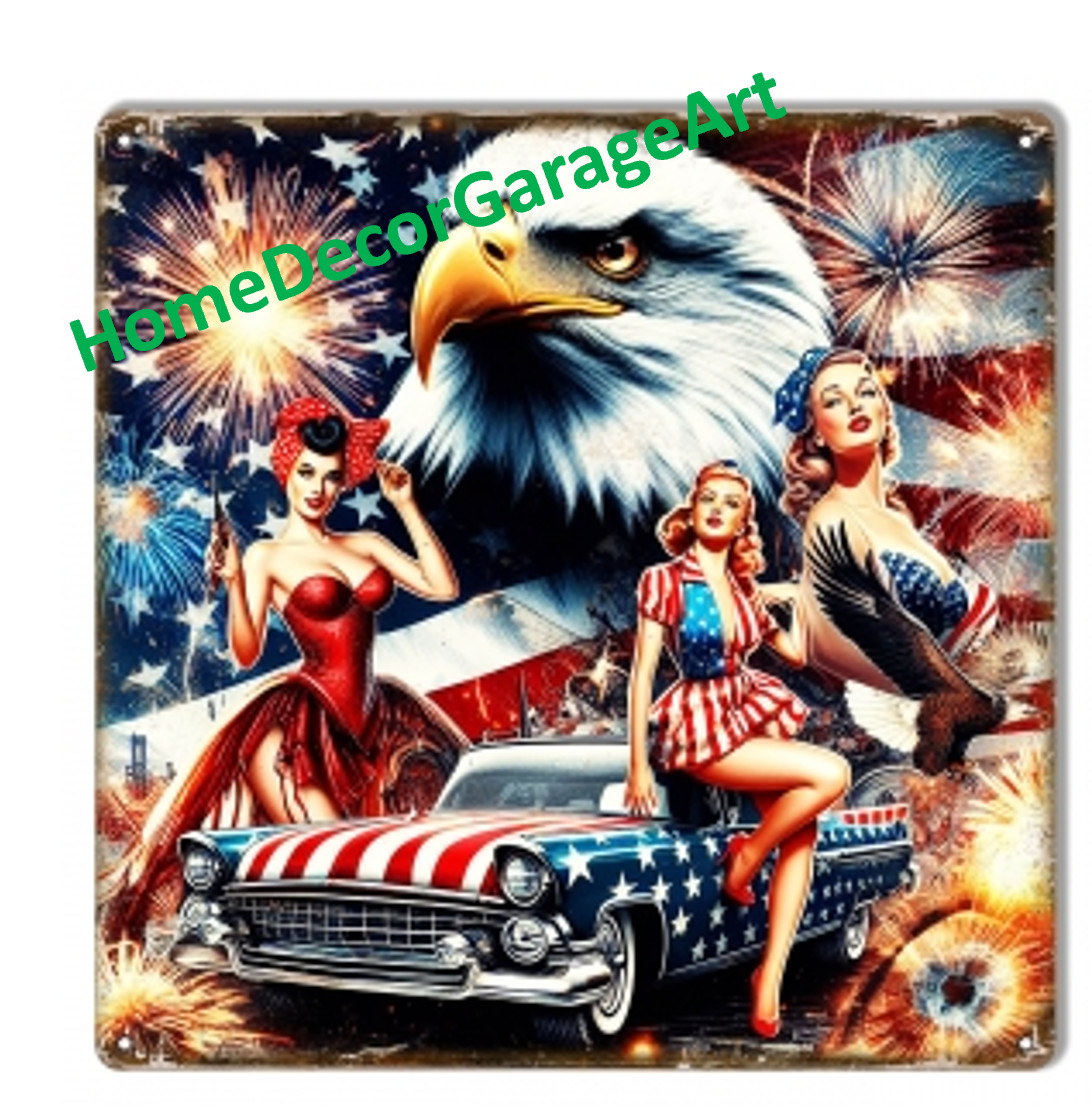 4th of July In America, 12 x 12 inch Patriotic Metal Sign Garage Art