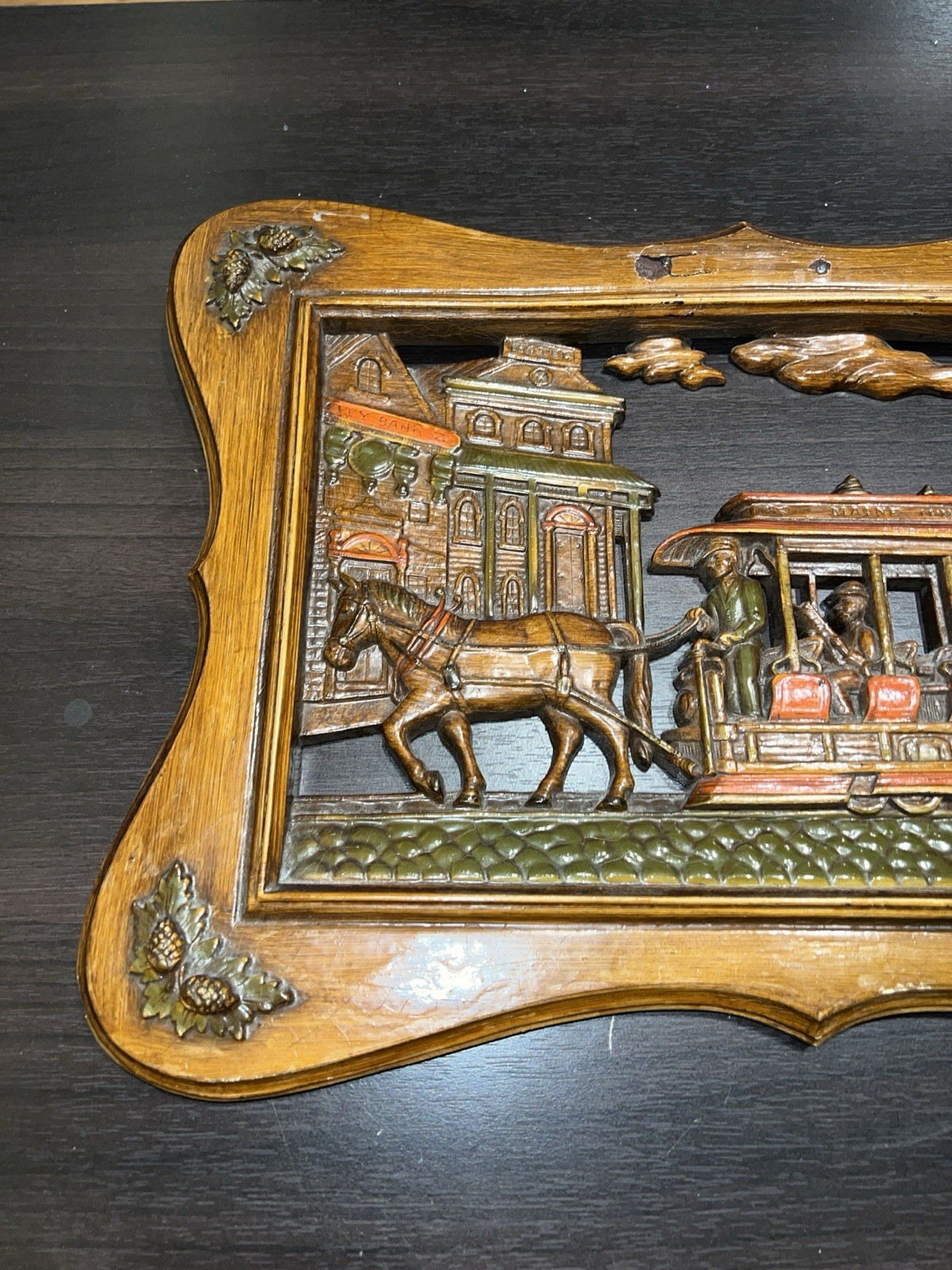 VINTAGE BURWOOD HOMCO PLAQUES TWO STEAM-POWERED HORSE DRAWN TROLLEY CARS