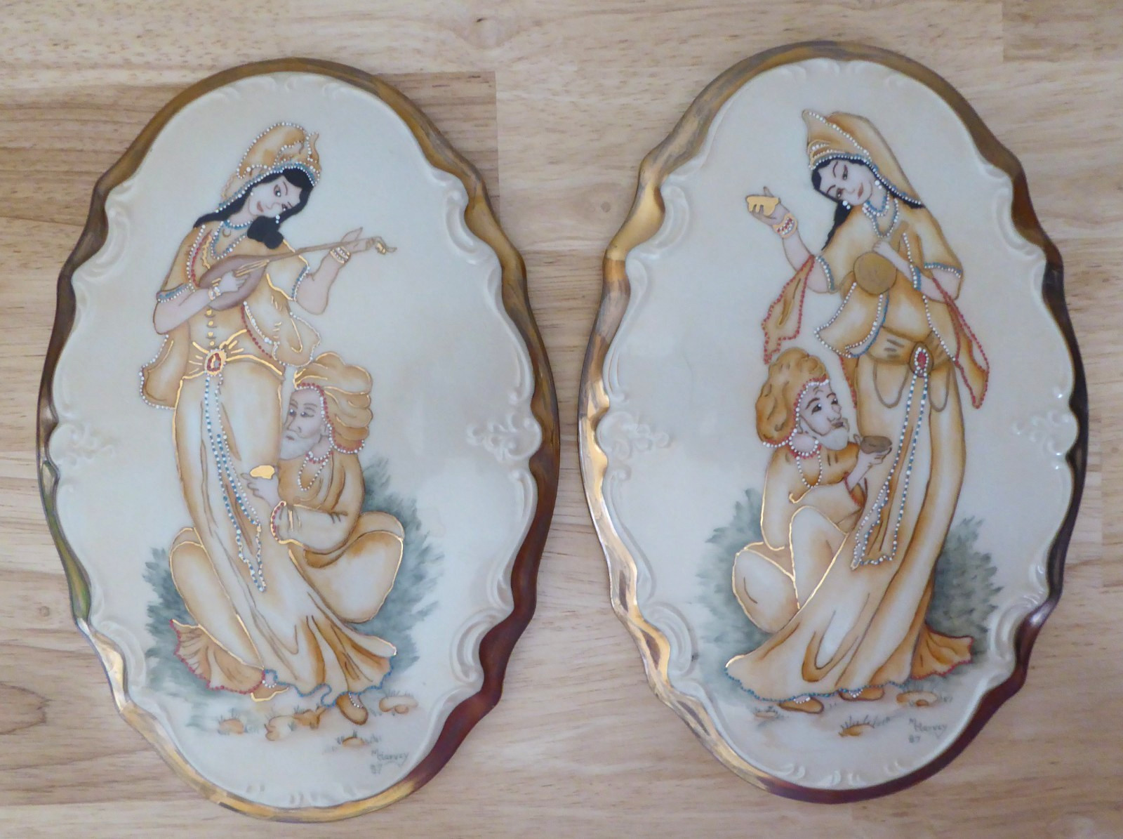 Hand Painted Porcelain Wall Plaques Asian Indian Couple India Set of 2