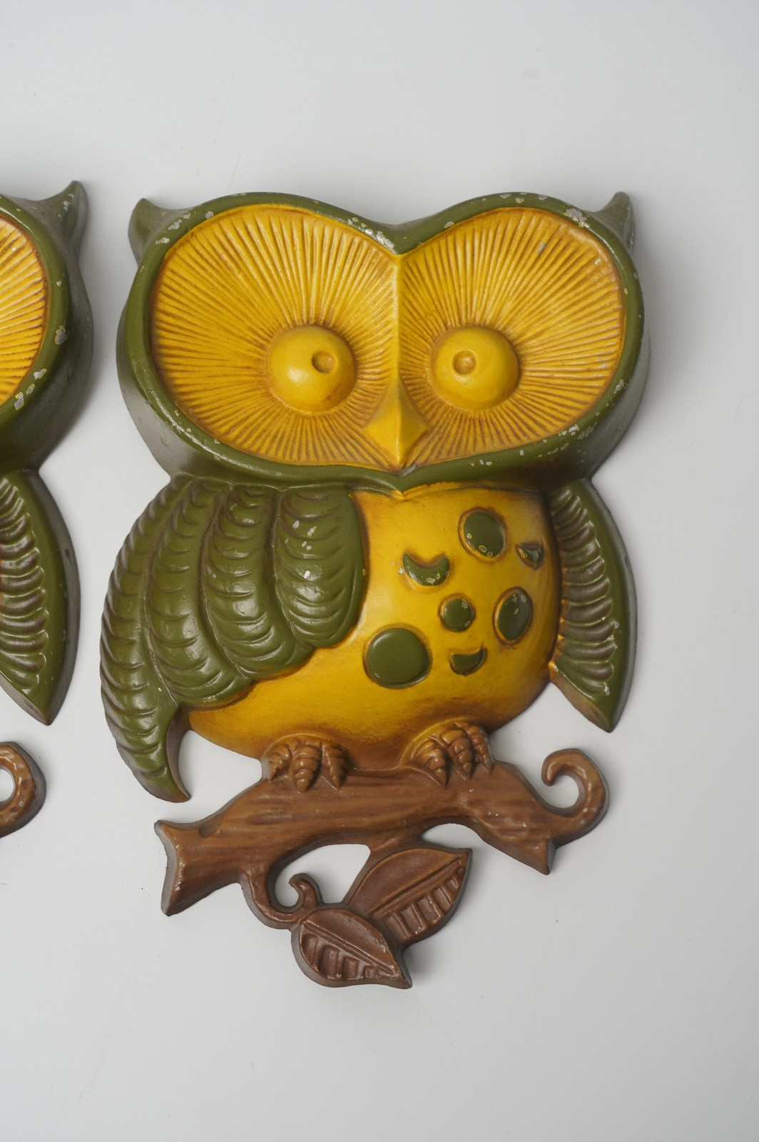 Vintage Sexton 1970 Cast Metal Owl Wall Plaques Set of 2