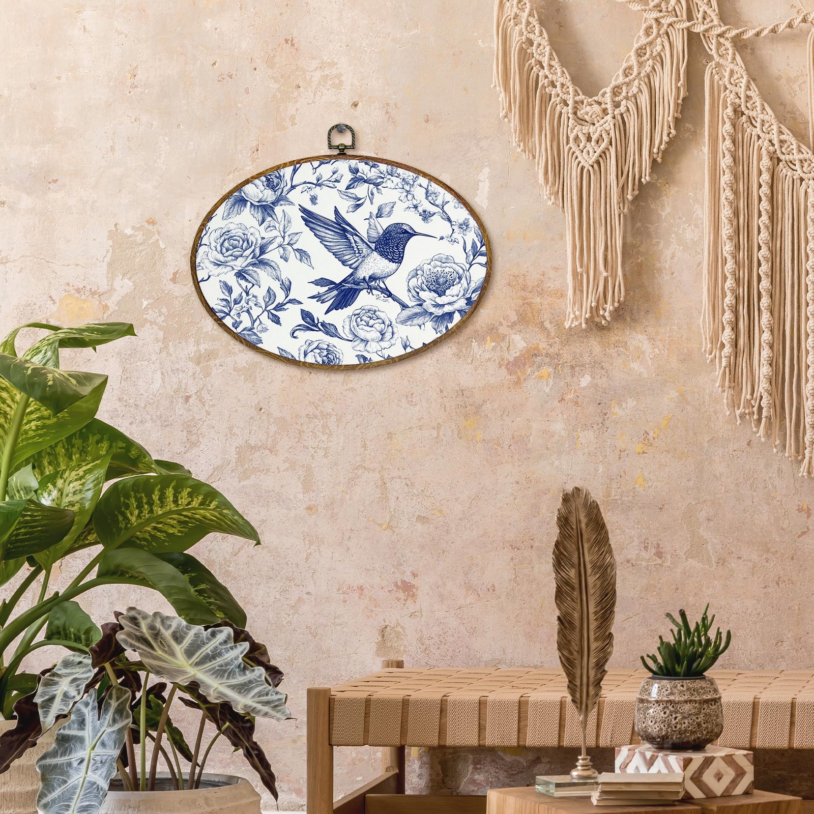 Chinoiserie Hummingbird Floral Oval Wall Art Decor, Blue and White Chinoiseri…