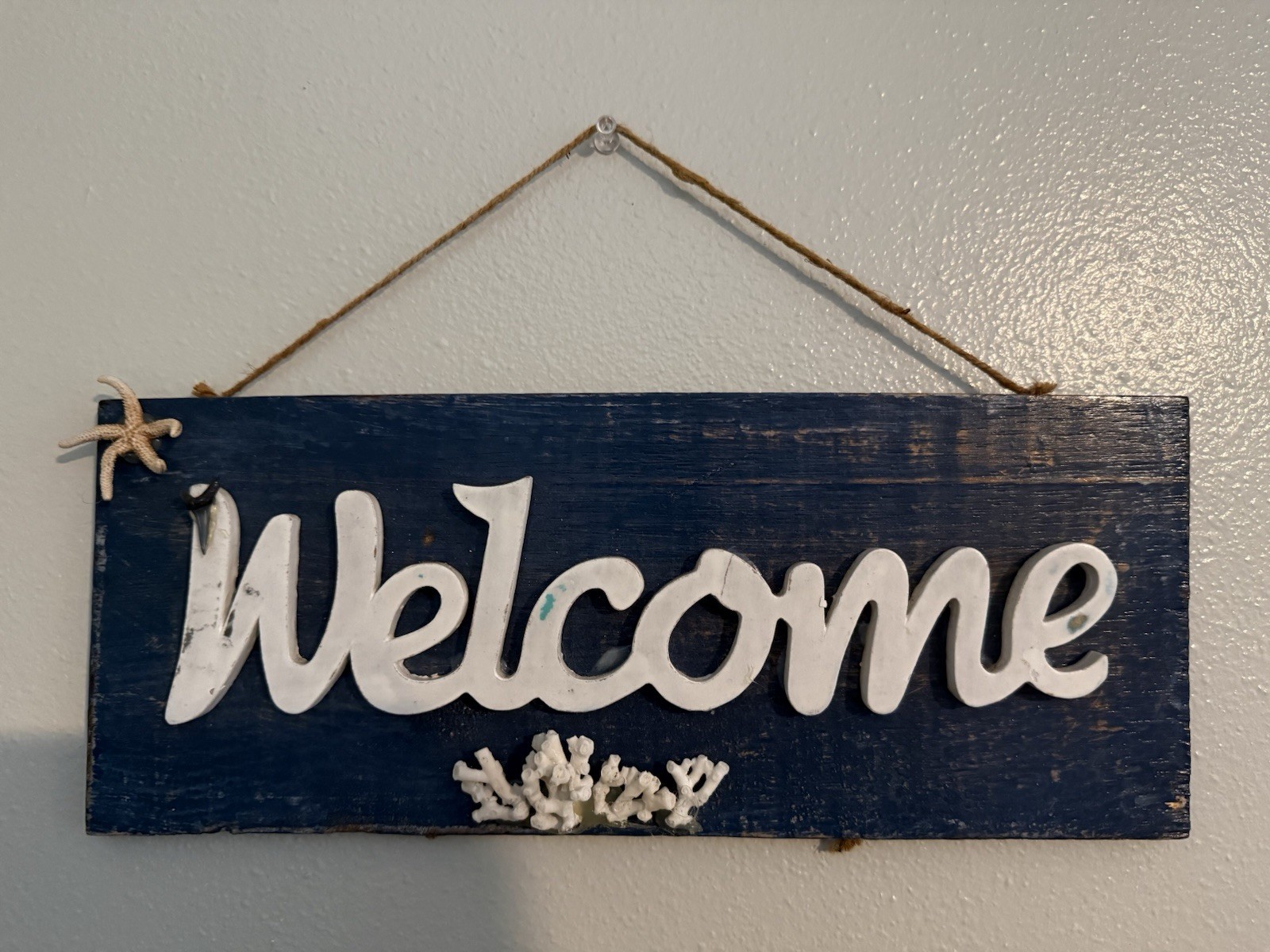 Blue & White Wooden Welcome Beach Hanging Sign w/ Rope, Wall Mount, Porch