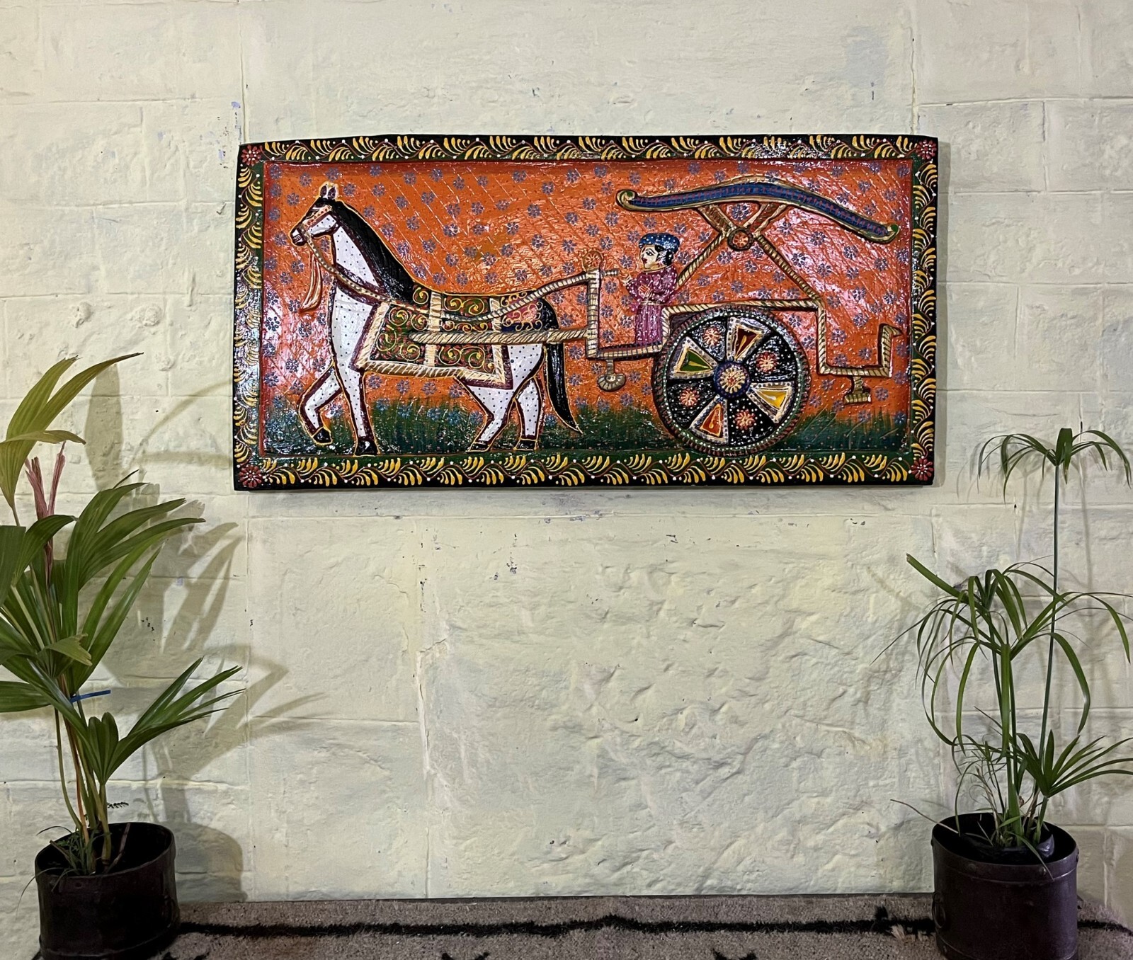 Chariot painted wall wooden panels door home entrance frame decor hanging plaque