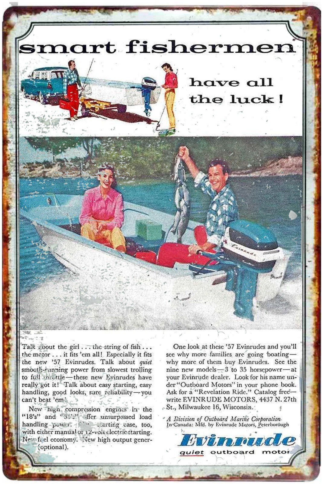 Smart Fishermen Go Evinrude Advertising Tin Sign Size to 12 x18