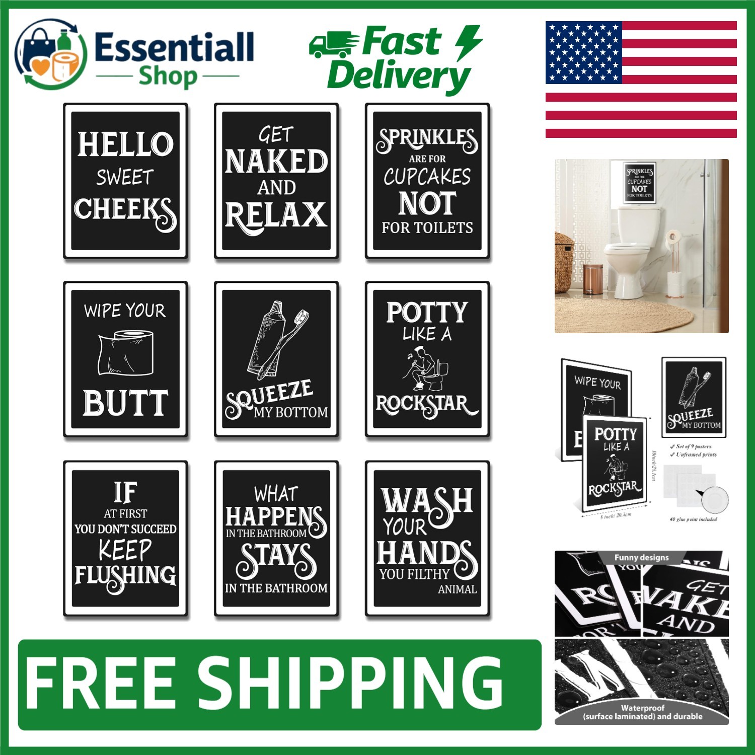 Durable 9-Piece Funny Vintage Bathroom Signs for Uplifting Wall Decor