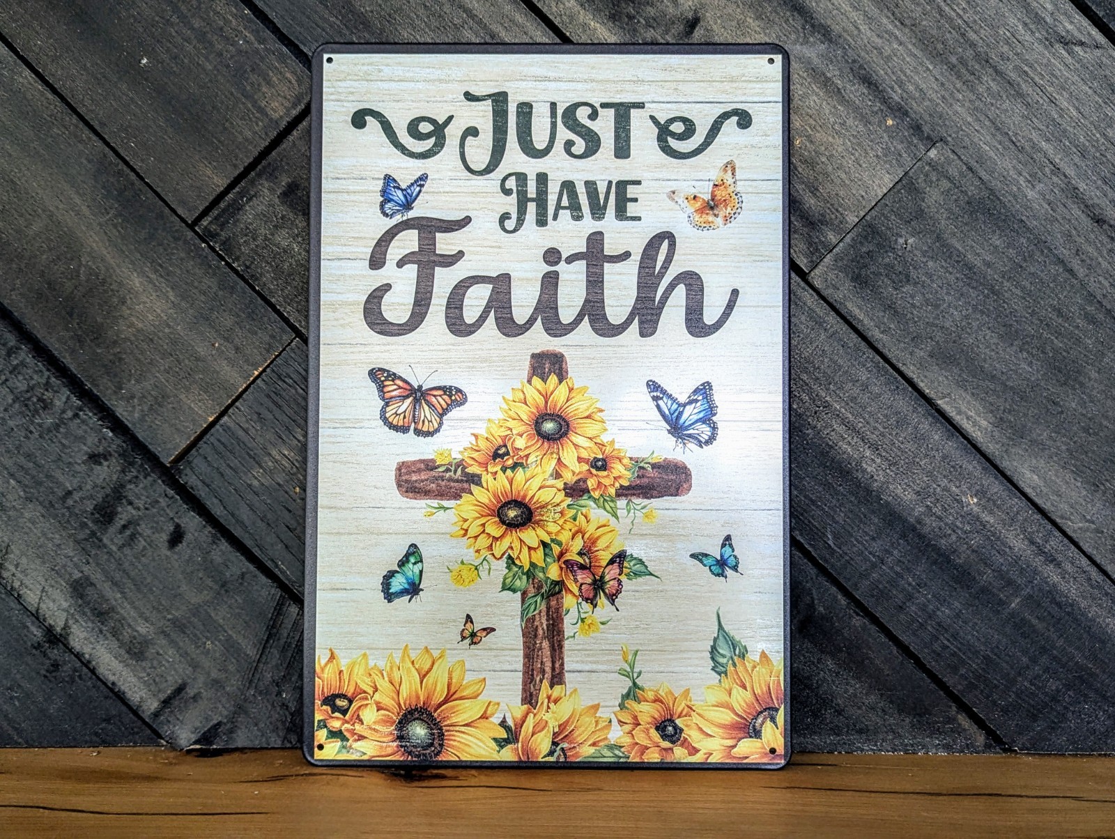 Just Have Faith Sign – Religious Cross Sunflower Butterfly Decor – 8 x 12 in