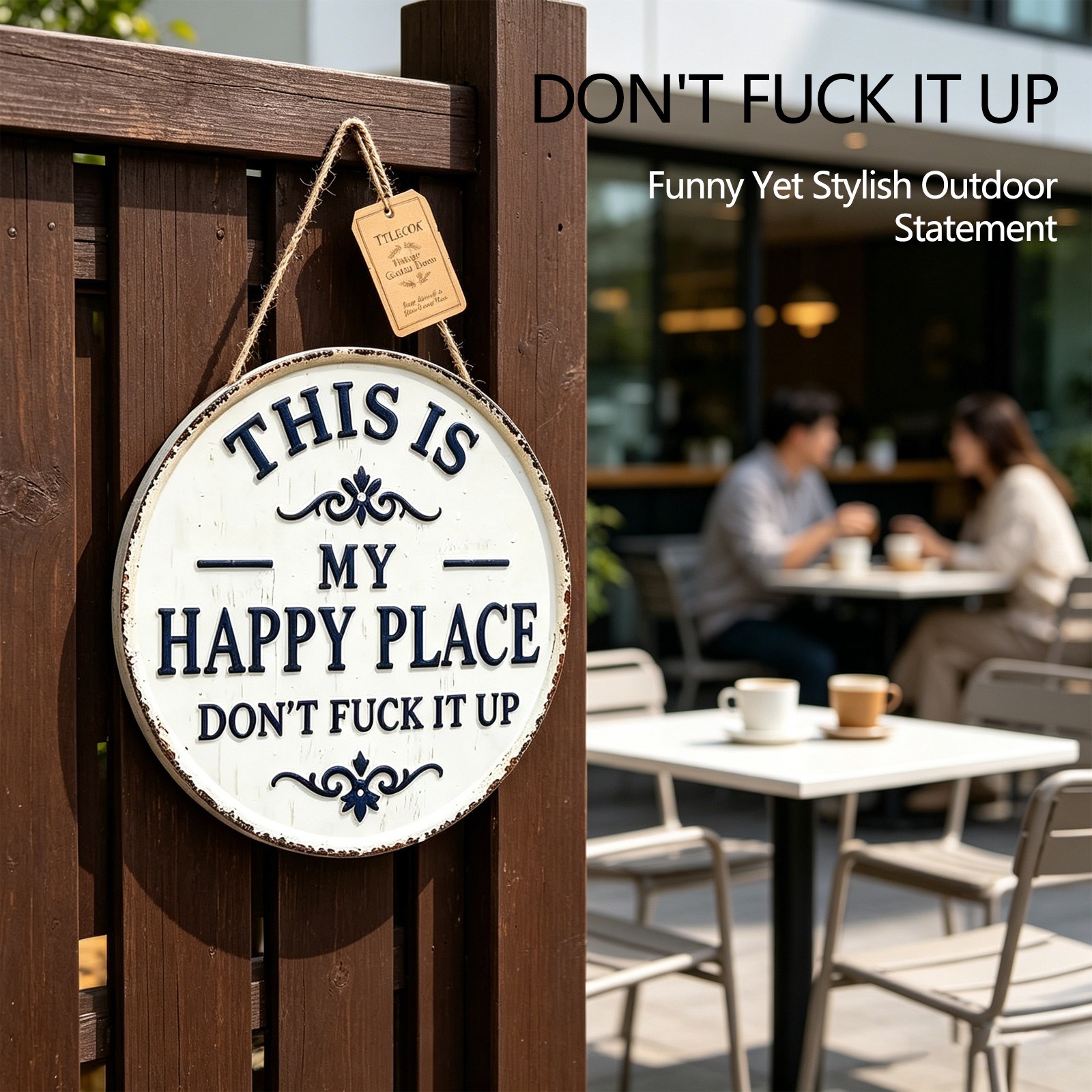 Vintage Round Metal Sign “This Is My Happy Place” Wall Hanging Plaque