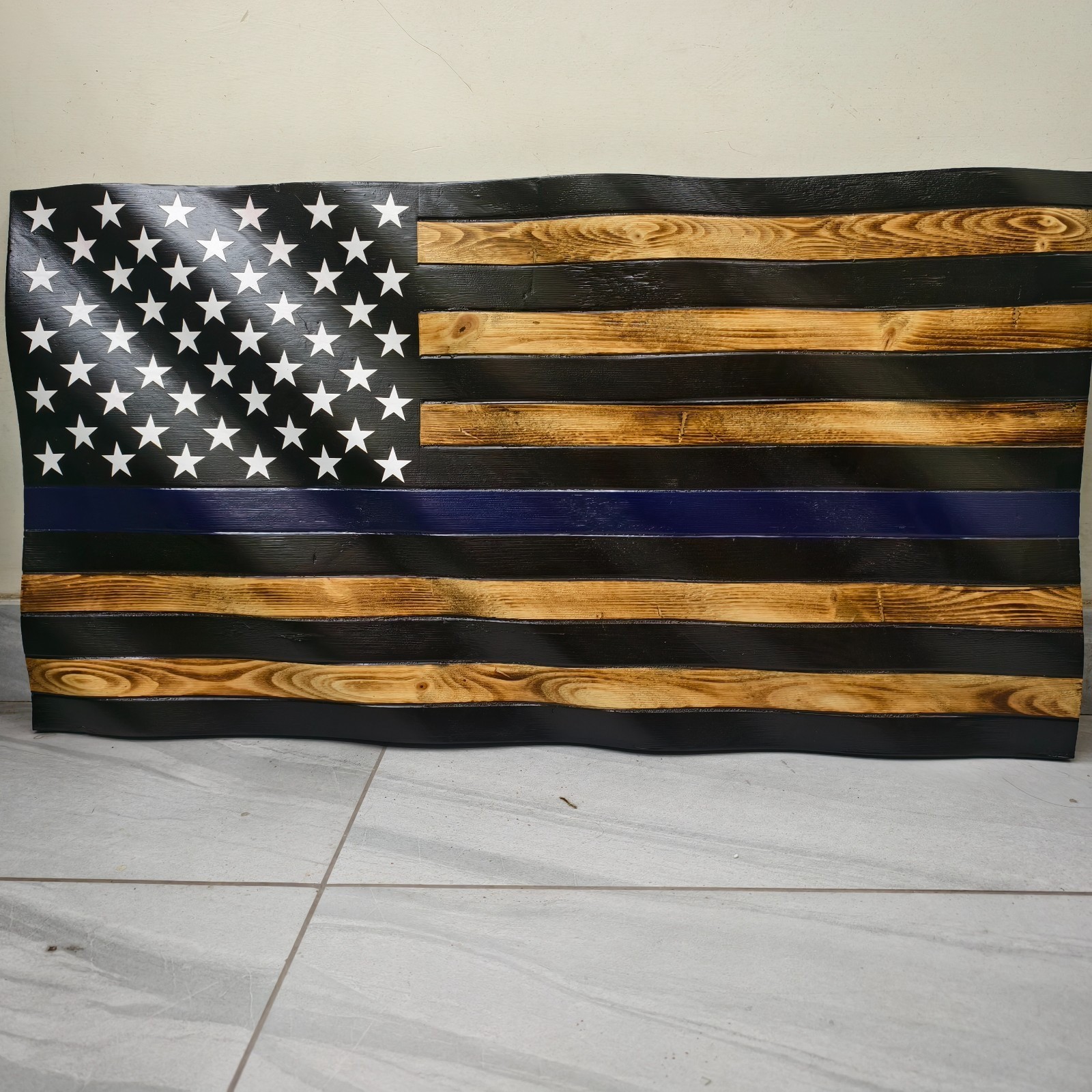 Wavy Black & Blue Handmade Wooden Flag For Home Wall Decor Or Gift