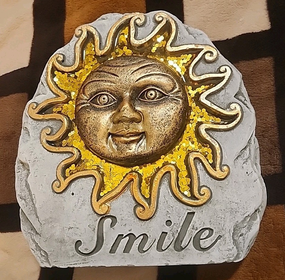 Cement Stone Gold Sun Moon Garden Smile Plaque Decor 7.5″ x 7″ FP