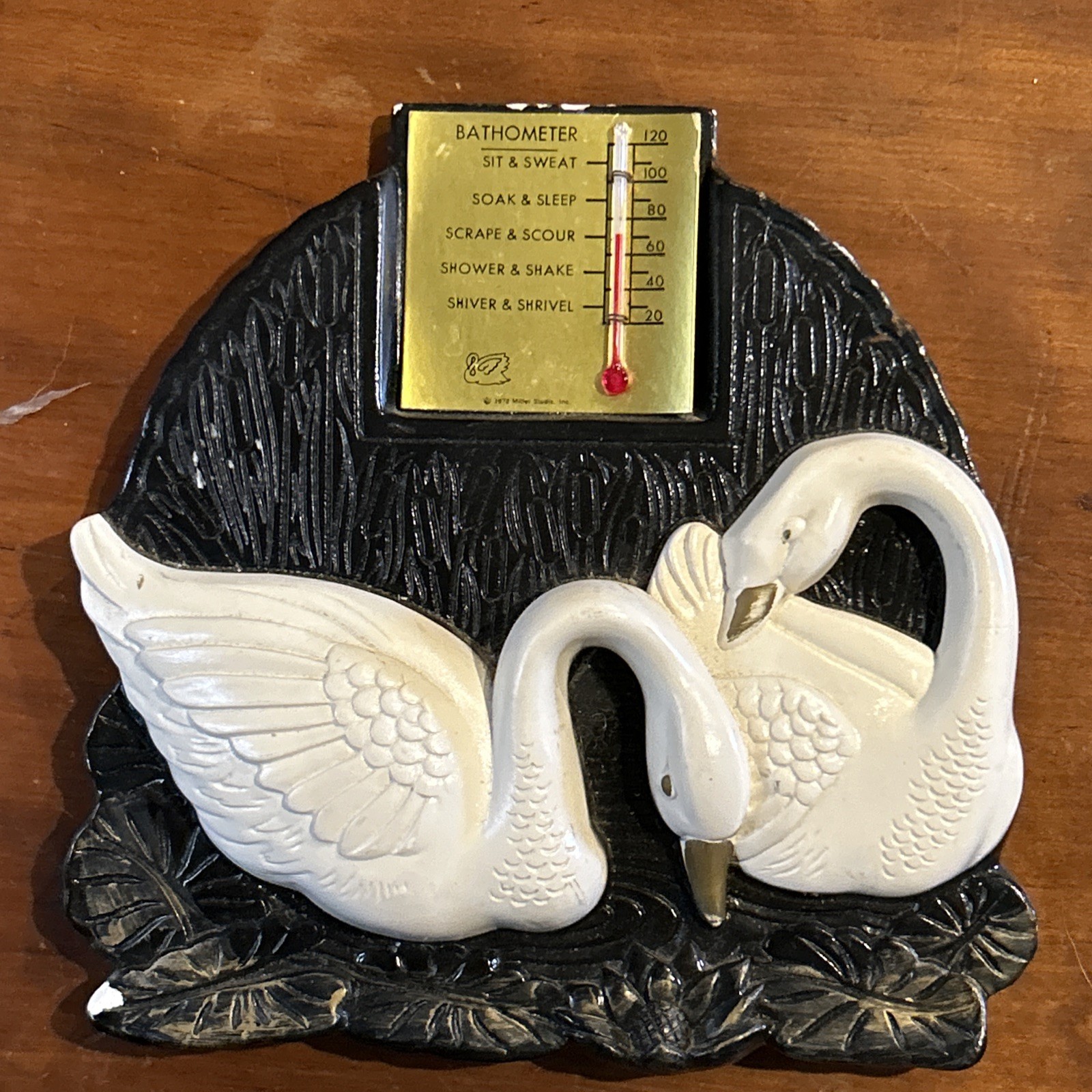 7” Vtg Plaster Wall Plaque With Swans, Thermometer. Black And White Bathometer
