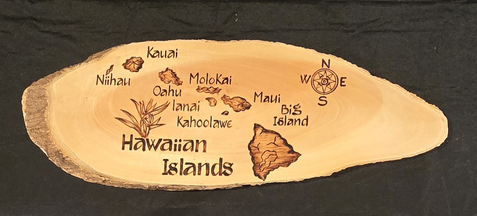 Wooden Hawaiian Islands Map Plaque – Compass Rose, Wall Art, Vintage Decor