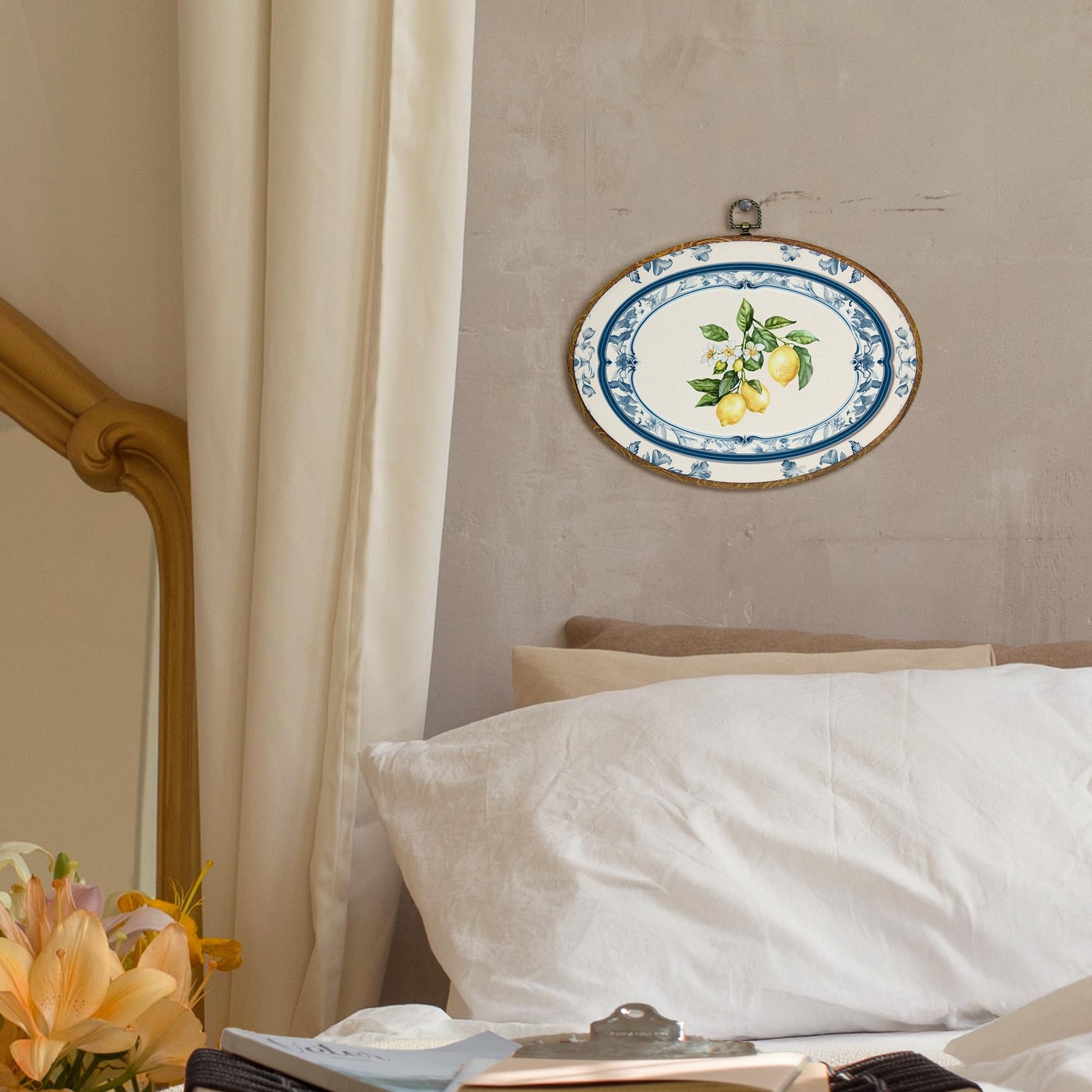 Chinoiserie Lemon Kitchen Oval Wall Art Decor, Vintage Blue and White Lemon F…