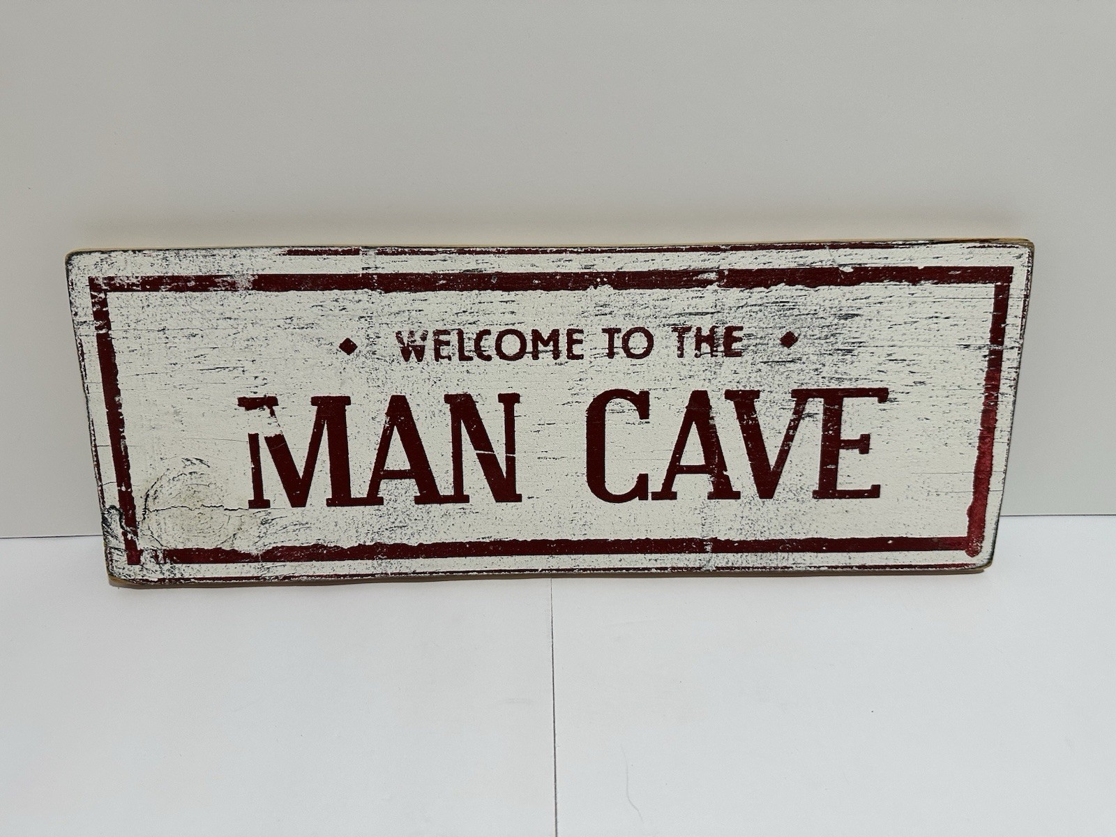 WELCOME TO THE MAN CAVE WOODEN SIGN – 17 1/2″ x 6 1/2″ x 1/2″ – DISTRESSED LOOK