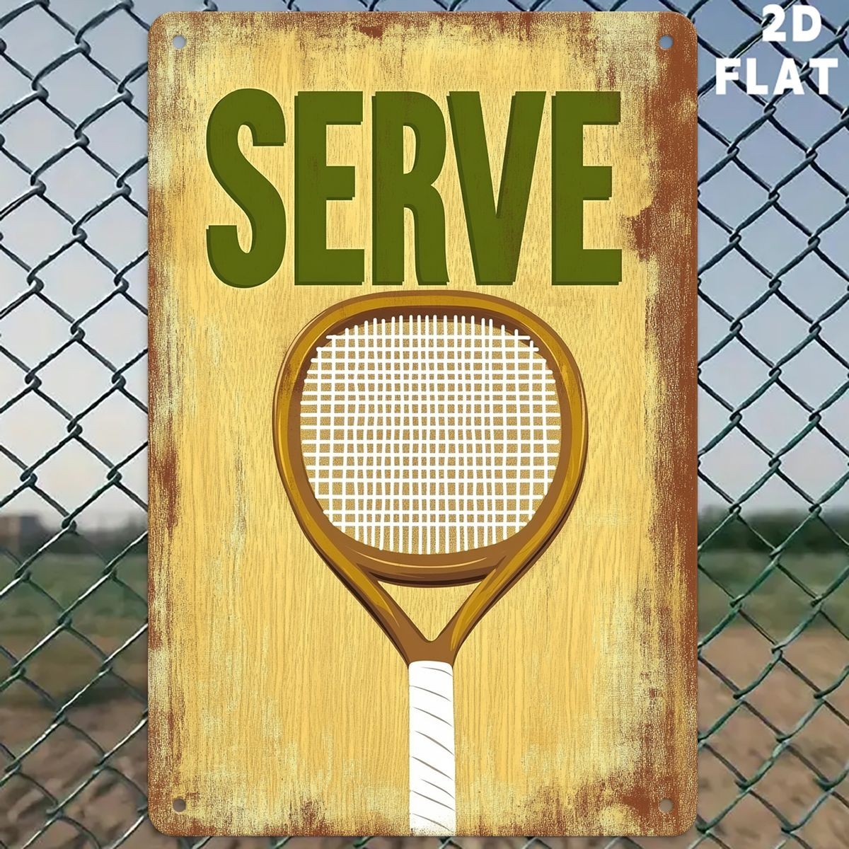 Vintage Serve Tennis Racket Metal Sign Rustic Sports Bar Wall Decoration Gift