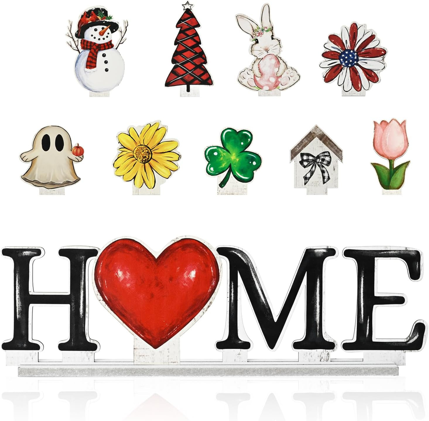 Smile Interchangeable Home Table Signs with 10 Pcs Seasonal Icons, Wooden Sign D