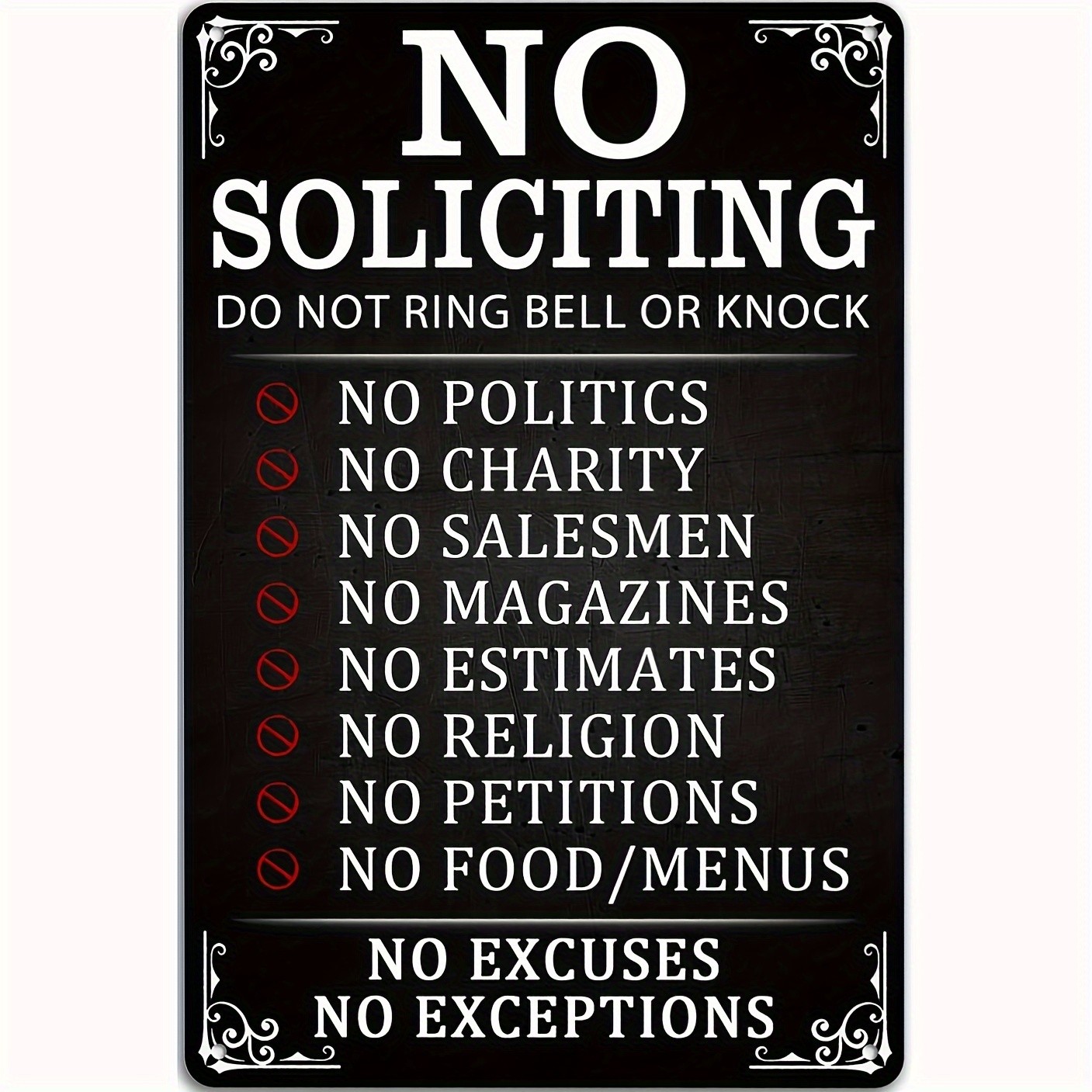 No Soliciting No Exceptions Metal Sign Vintage Front Door Home Yard Wall Decor